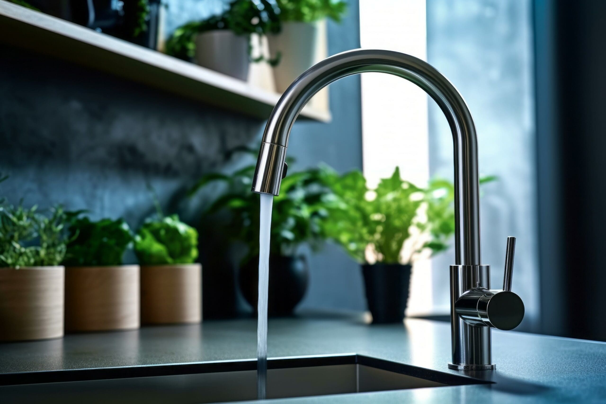 Close-up of a kitchen faucet with running water. Modern kitchen interior design concept. AI generated, human enhanced